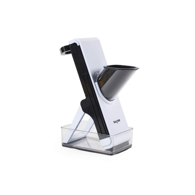White and black handheld food slicer with chute, side view