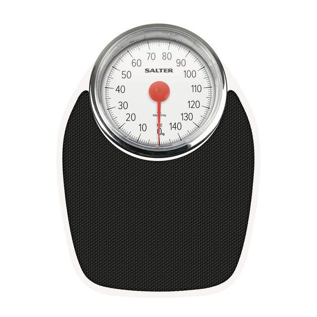 Black mechanical bathroom scale with large Salter dial display