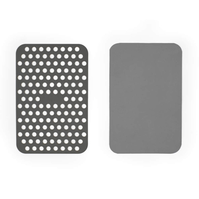 Grey silicone sink mats, one with circular holes, one solid, shown flat.