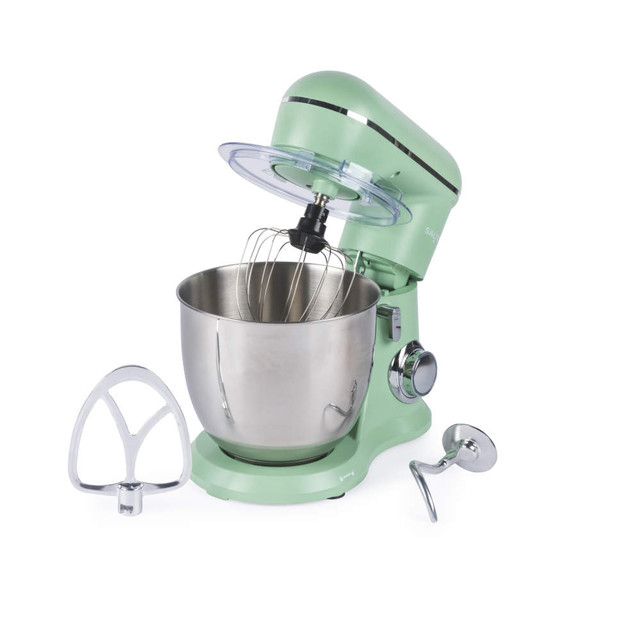 Green stand mixer with stainless steel bowl and three attachments