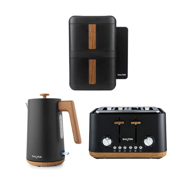 Black and wood finish kettle, toaster and bread bin set, modern kitchen appliances