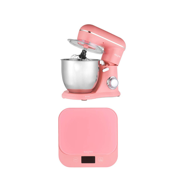Pink stand mixer and digital kitchen scale set, both shown in front view.