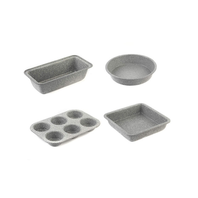 Set of four grey non-stick bakeware trays: loaf tin, round cake tin, six-cup muffin tray and square tin