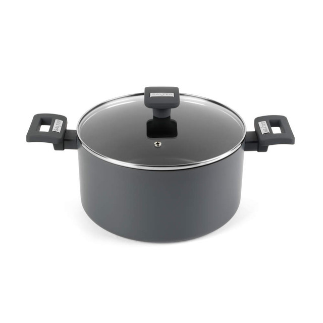 Grey non-stick stock pot with glass lid and Salter branded handles