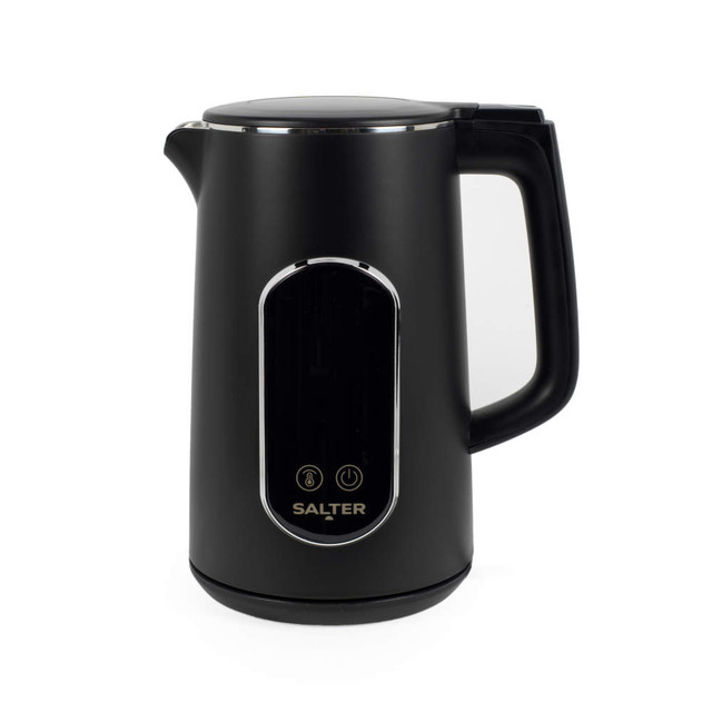 Black cordless electric kettle with touch controls, shown upright