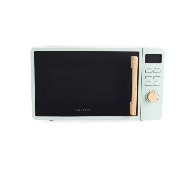 Sage green Salter microwave with wood-effect handle, front view
