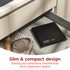 Black digital kitchen scale with slim, compact design, shown inside a drawer.