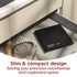 Black digital kitchen scale with slim, compact design, shown inside a drawer.