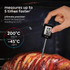 Digital meat thermometer in roast joint, reading temperature for quick, precise cooking.