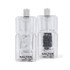 Set of two clear acrylic Salter mills: one with sea salt crystals, one with black peppercorns.