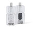 Set of two clear acrylic Salter mills: one with sea salt crystals, one with black peppercorns.