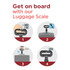 Banner showing four steps for using Salter luggage scale: turn on, attach to handle, lift, and read weight.