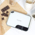 White Salter digital kitchen scale with glass platform, 5kg capacity, shown from above.
