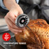 Oven thermometer checking roast chicken temperature on tray