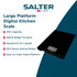 Salter digital kitchen scale with black ultra-slim glass platform, large backlit display, metric and imperial units.