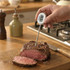 Digital thermometer testing baked cake in tin on kitchen worktop