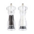Clear acrylic salt and pepper mill set containing salt and black peppercorns