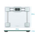 Glass digital bathroom scale with silver accents on tiled floor