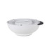 White plastic salad spinner with black handle, side view