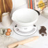 Mechanical kitchen scale weighing flour, shown in a home baking setting