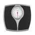 Black and silver mechanical bathroom scale with round dial, top view