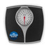 Mechanical bathroom scale with black platform, dial display, no batteries needed