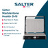 Salter Marblestone health grill and panini maker retail box, showing grill cooking chicken, vegetables and kebabs