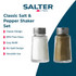 Salter Café Glass Shaker Set box showing two clear glass shakers for salt and pepper.