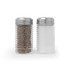 Set of two glass shakers with metal lids, one filled with ground pepper, one empty