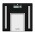 Black digital bathroom scale with silver accents and large display, Salter branding