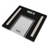 Black and silver digital bathroom scale with glass platform, angled top view