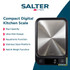 Digital kitchen scale with stainless steel platform and black display, showing zero.