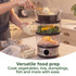 Three-tier electric food steamer with stainless steel base and timer dial