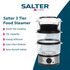 Salter 3-tier food steamer in packaging, shows capacity, features and health benefits.