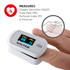 White fingertip pulse oximeter on finger showing oxygen saturation and pulse rate.
