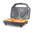 Black sandwich toaster with four toasted sandwiches, shown open.
