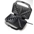 Black sandwich toaster open to show non-stick coated plates for four sandwiches