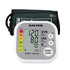 Digital blood pressure monitor with cuff, displaying reading, front product view