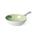 Green non-stick wok with grey handle, shown at angle on white background