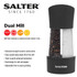 Salter dual salt and pepper mill with black top and clear acrylic body showing contents.