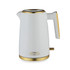 White cordless kettle with gold trim, Salter branding, shown side-on
