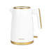 White electric kettle with gold accents, shown side view