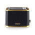 Black and gold two-slice toaster front view, Salter branding visible.