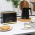 Black and gold Salter toaster and kettle set on kitchen counter with toast and tea