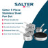 Set of stainless steel saucepans and frying pan on kitchen counter, food shown inside