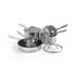 Set of stainless steel saucepans and frying pan with lids, shown on white background