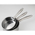 Set of three stainless steel saucepans with long handles stacked together