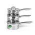 Set of three stainless steel saucepans with lids, silver finish, side view