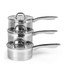 Set of three stainless steel saucepans with lids, silver finish, side view