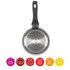 Black frying pan base with induction-compatible bottom; icons show gas, electric, halogen, radiant, induction, and dishwasher safe.